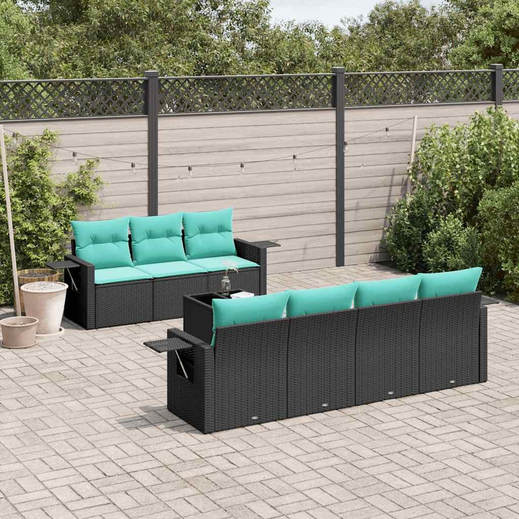 8-delt havesofasæt i sort polyrattan med blå hynder