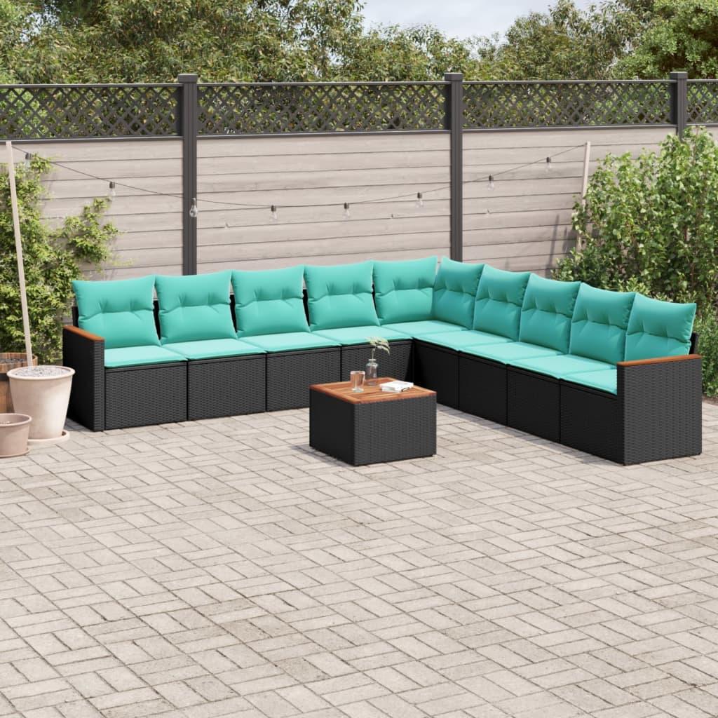 Havesofasæt med 10 hynder sort polyrattan billede