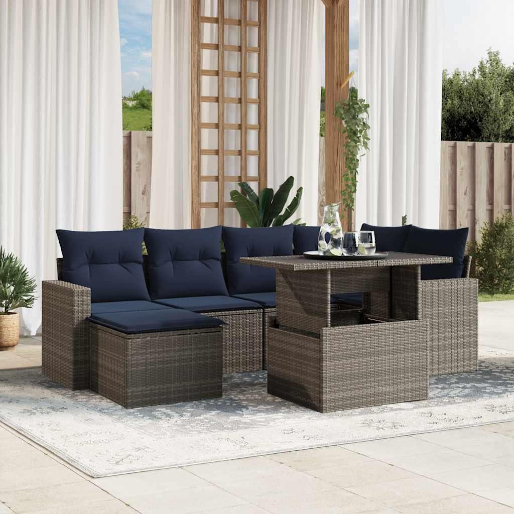 Havesofasæt med 7 dele og hynder - grå polyrattan, marineblå hynder