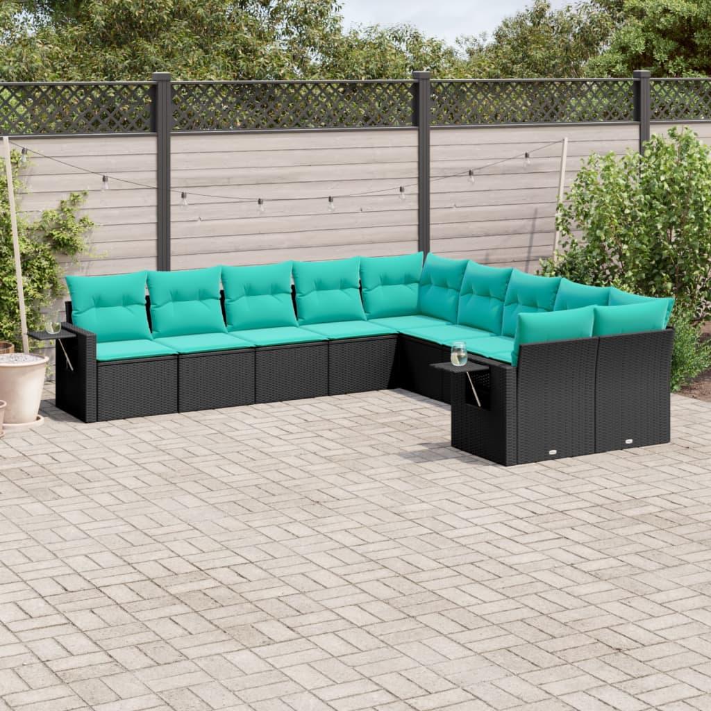 Havesofasæt i sort polyrattan med 10 blå hynder - modulært loungesæt