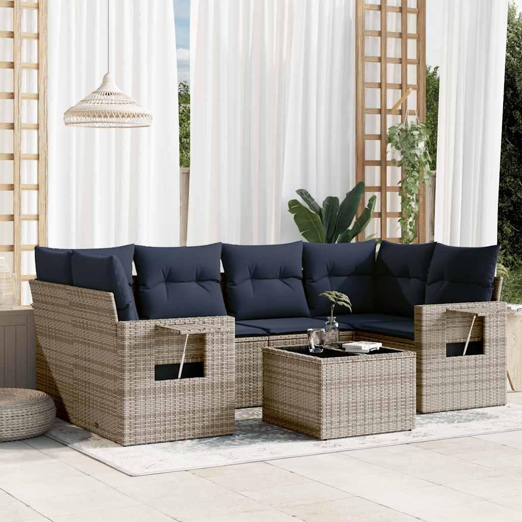Havesofasæt i polyrattan med 7 dele og marineblå hynder - grå billede