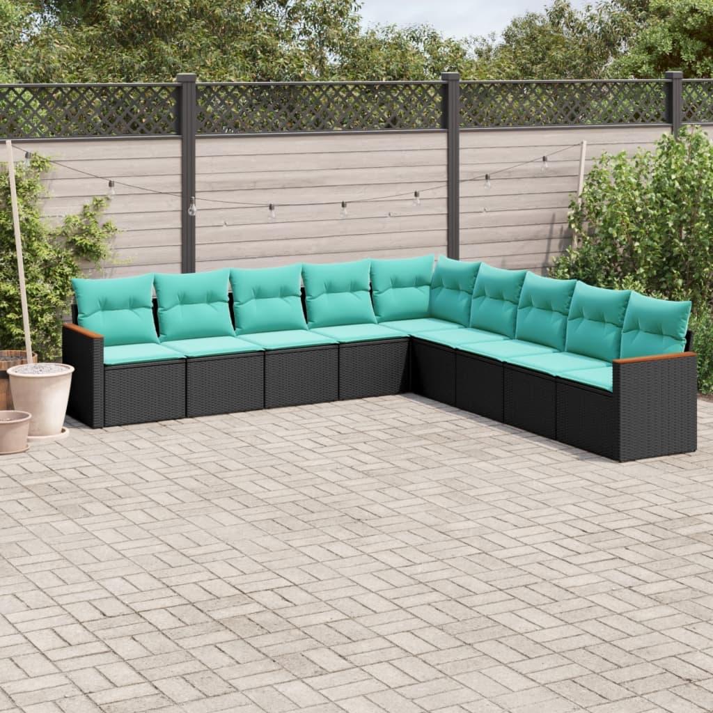 Havesofasæt med 9 dele og hynder sort polyrattan billede
