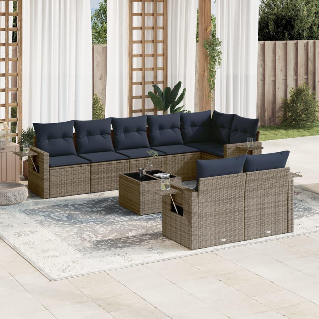 Havesofasæt i grå polyrattan - 9 dele med marineblå hynder