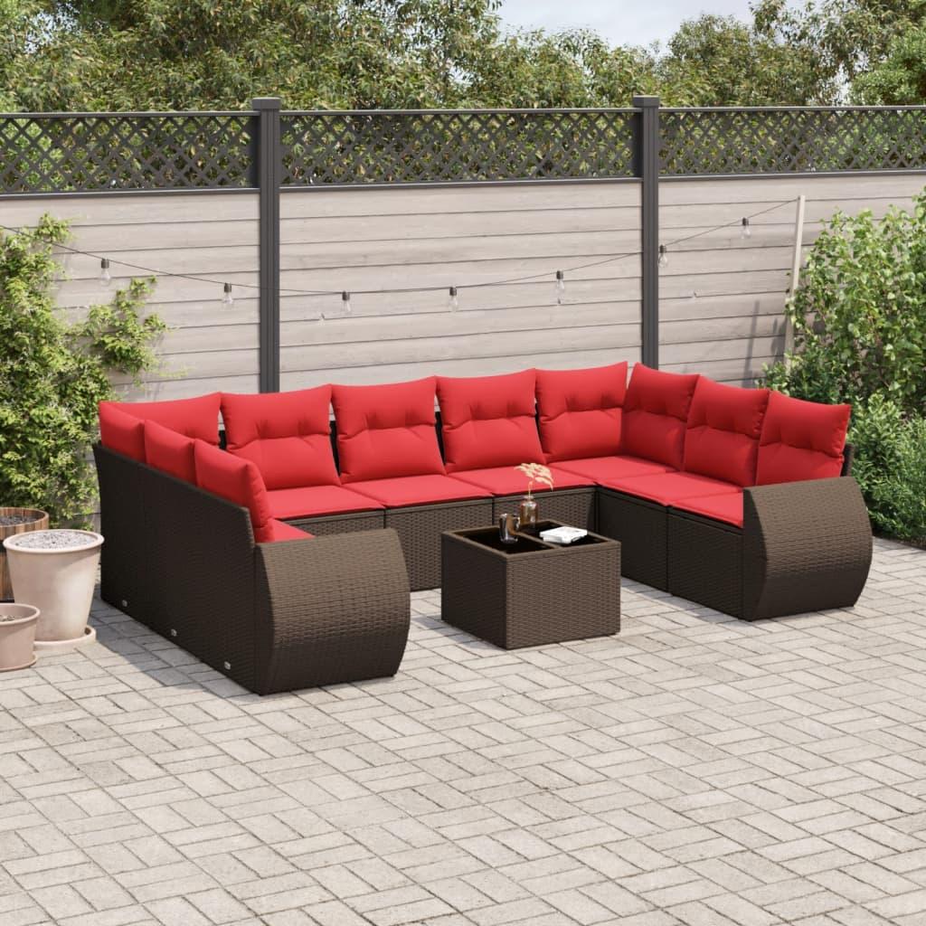 Havesofasæt med 10 hynder brun polyrattan billede