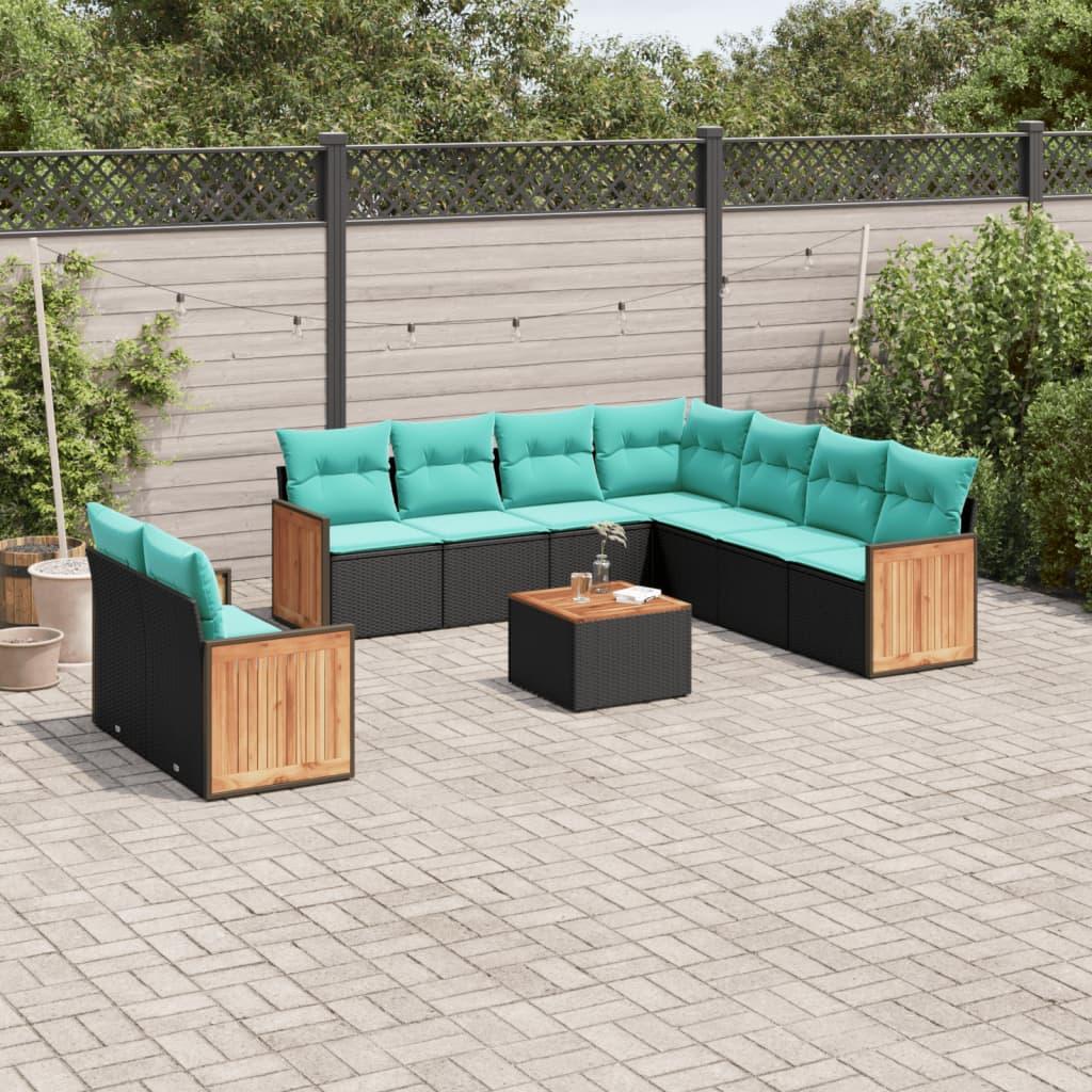 Havesofasæt med 10 hynder sort polyrattan billede