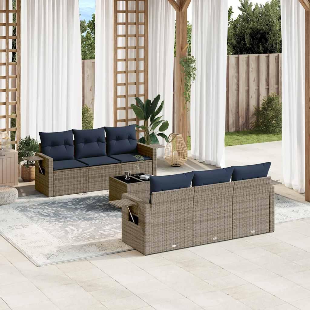 Havesofasæt i grå polyrattan - 7 dele med marineblå hynder