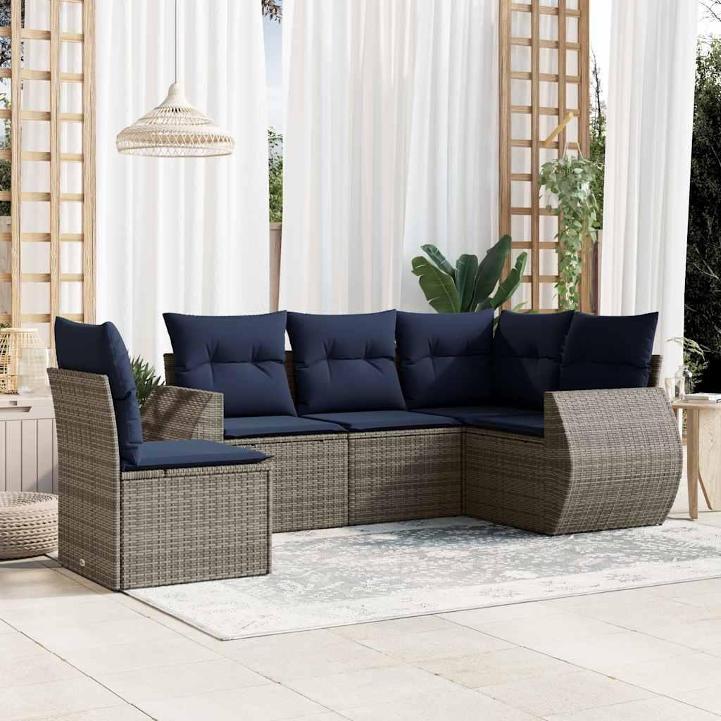 Havesofasæt med 5 dele og hynder grå polyrattan billede