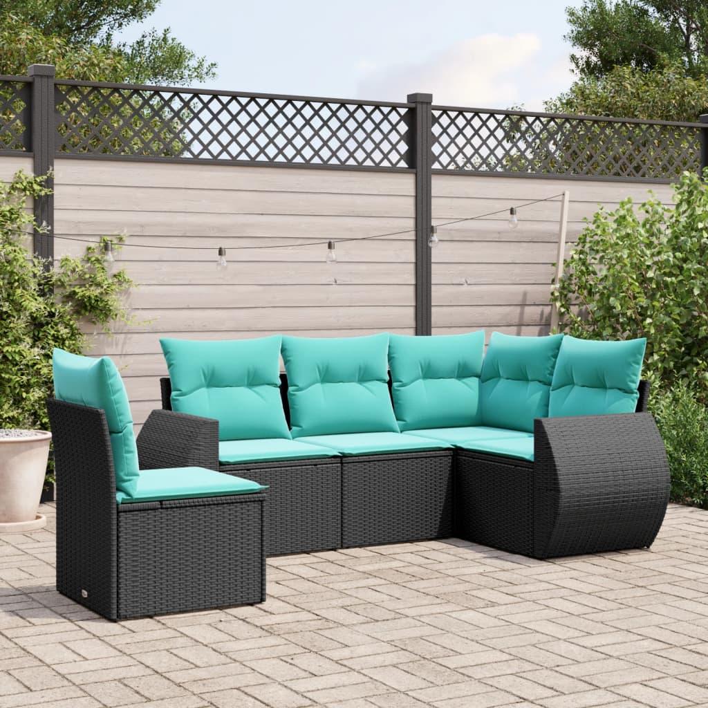 Havesofasæt med 5 dele og hynder sort polyrattan billede