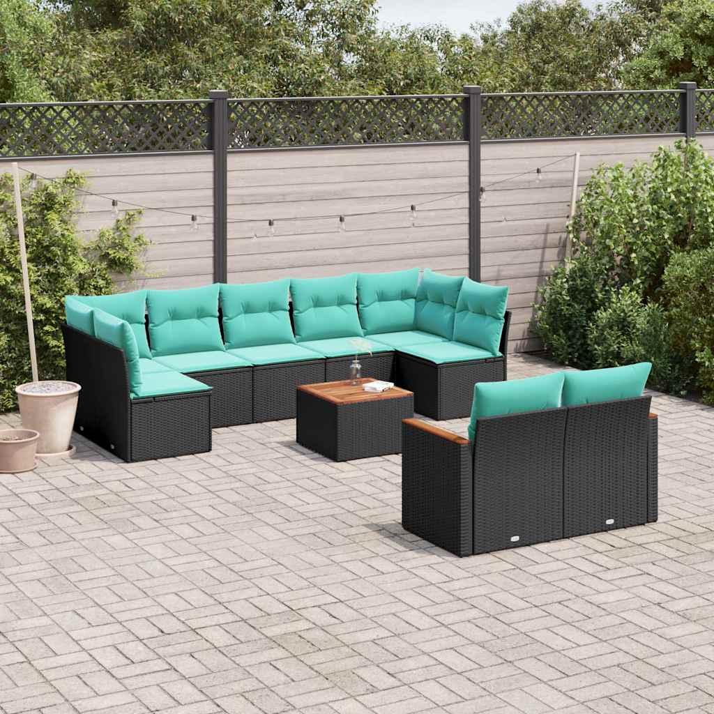 Havesofasæt med 10 hynder sort polyrattan billede