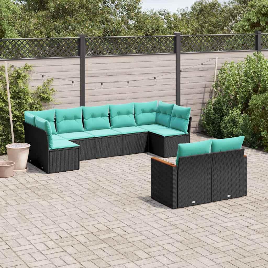 Havesofasæt med 9 dele og hynder sort polyrattan billede