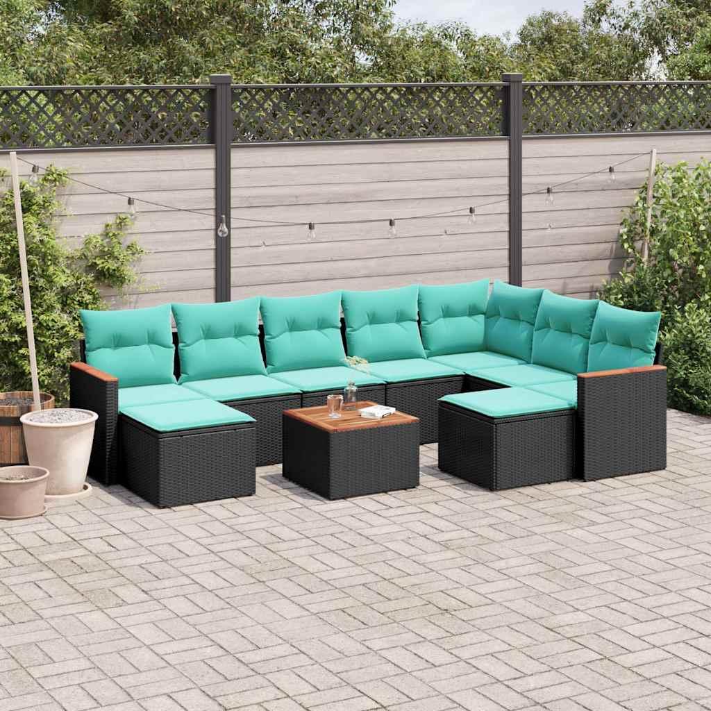 Havesofasæt med 10 hynder sort polyrattan billede