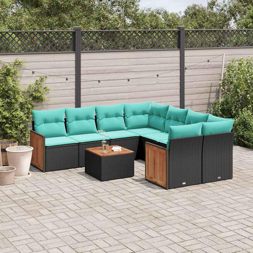 Havesofasæt med 9 dele og hynder sort polyrattan billede