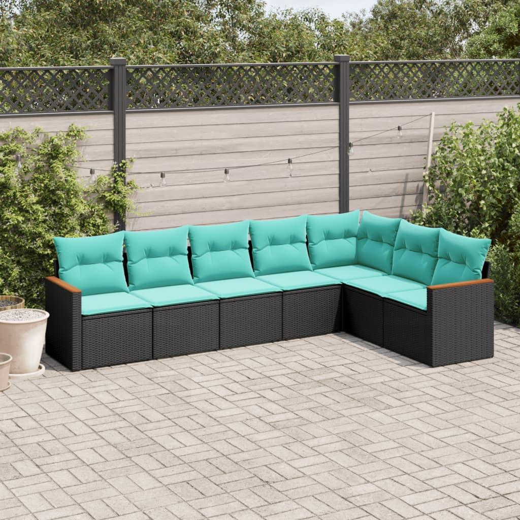 Havesofasæt med 7 hynder sort polyrattan billede