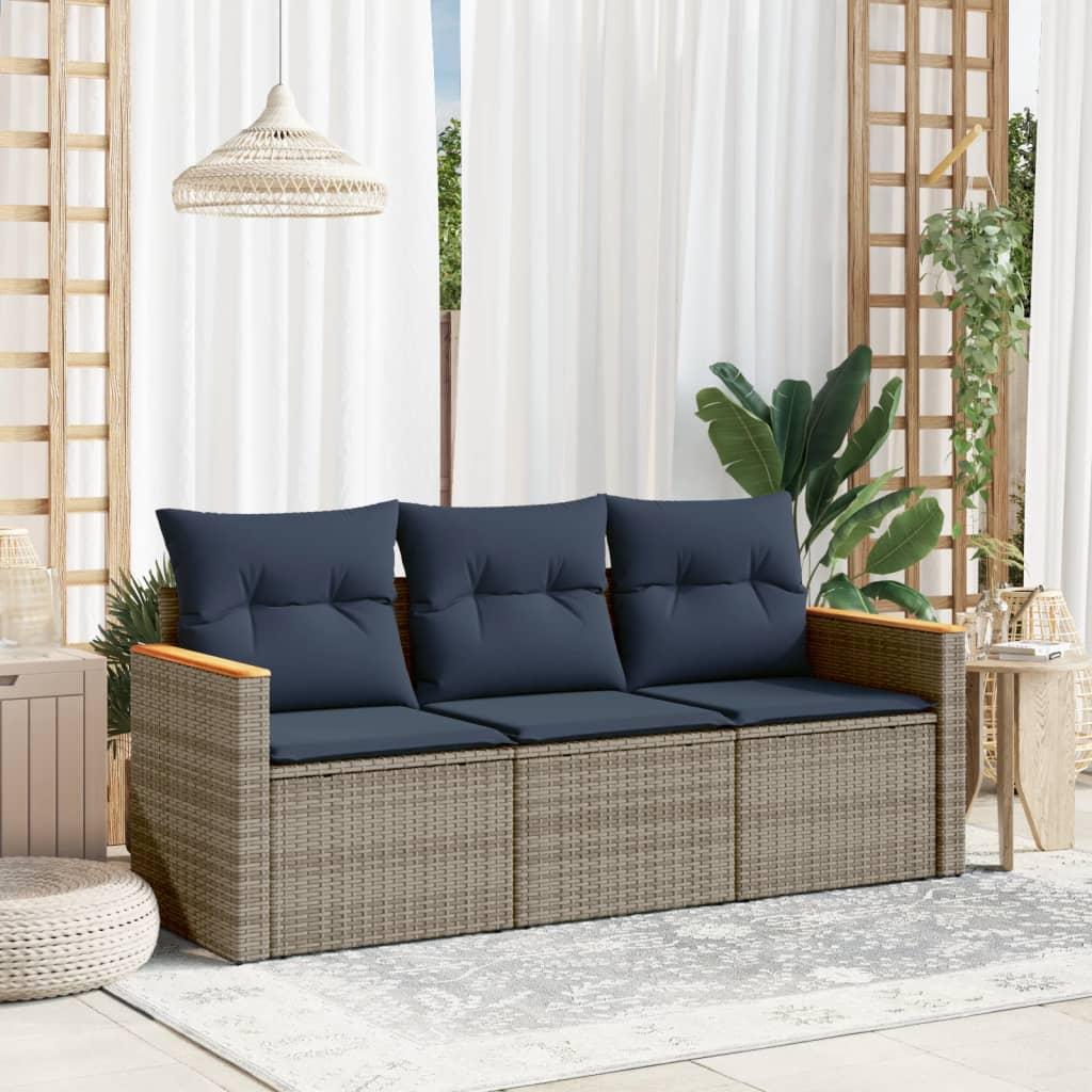Havesofasæt 3 dele i grå polyrattan med marineblå hynder billede