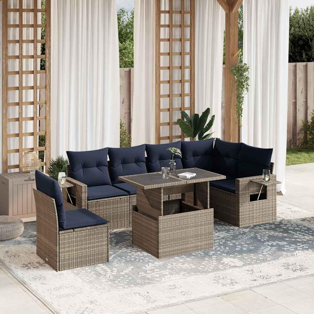 Havesofasæt med 7 dele og hynder grå polyrattan billede