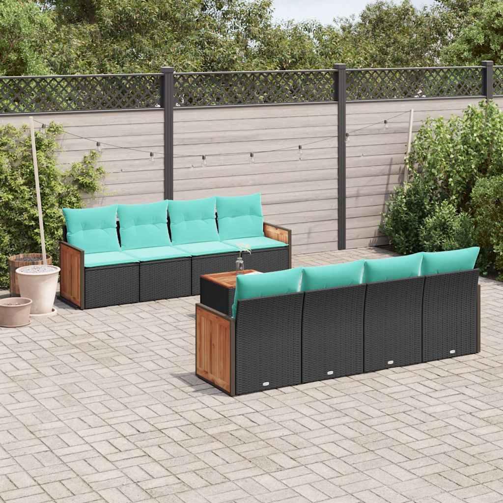 Havesofasæt med 9 dele og hynder sort polyrattan billede