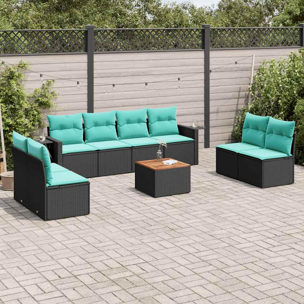 Havesofasæt med 9 dele og hynder sort polyrattan billede