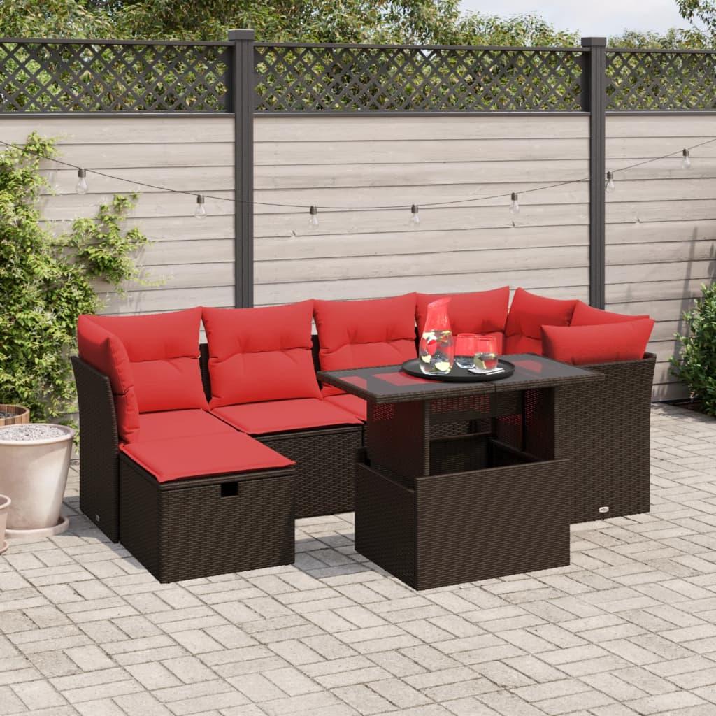 Havesofasæt med 7 hynder brun polyrattan billede