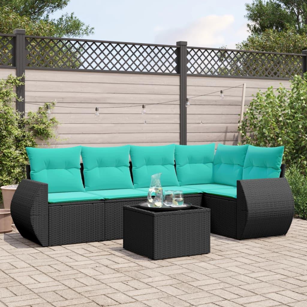 Havesofasæt med 6 hynder sort polyrattan billede