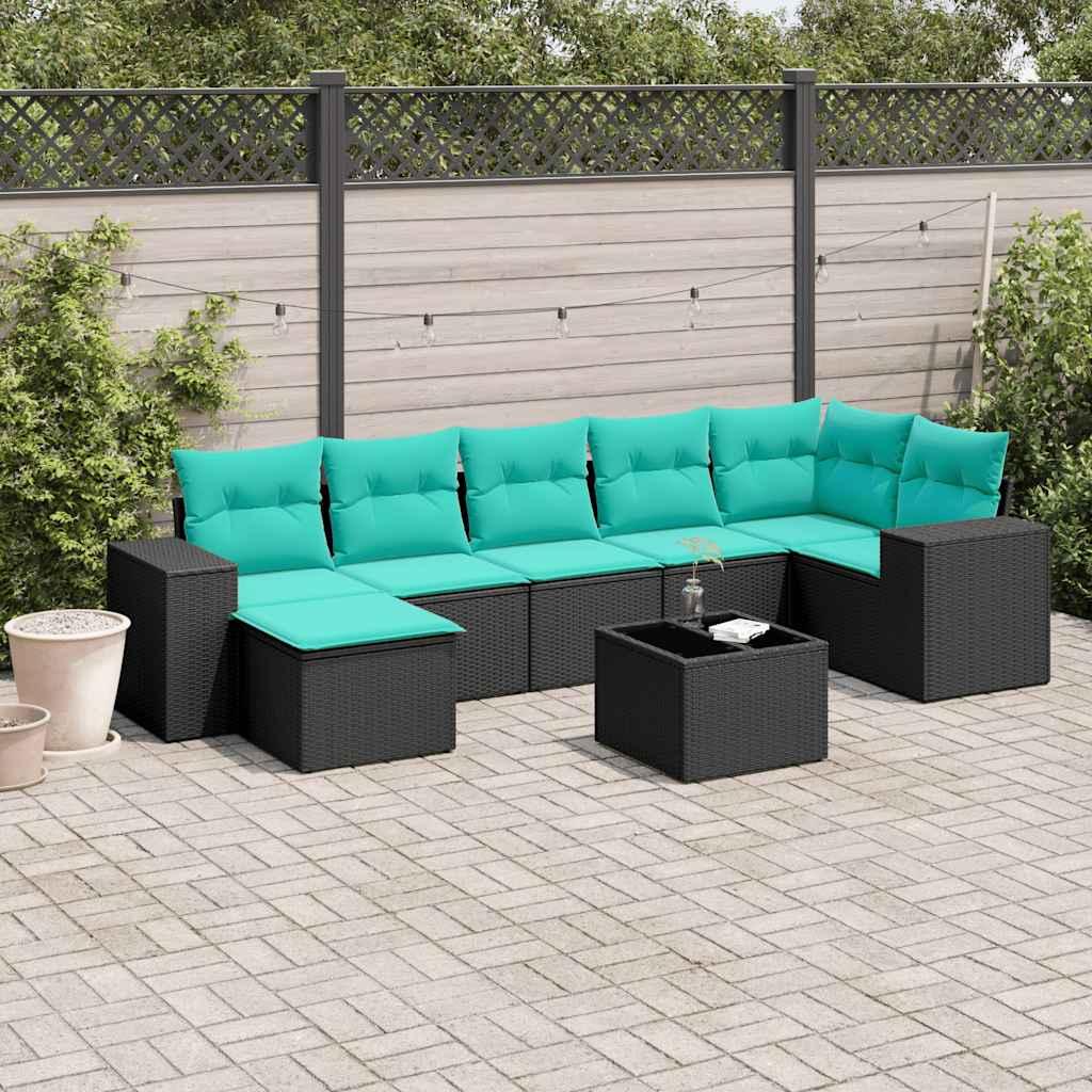 8-delt havesofasæt i sort polyrattan med blå hynder