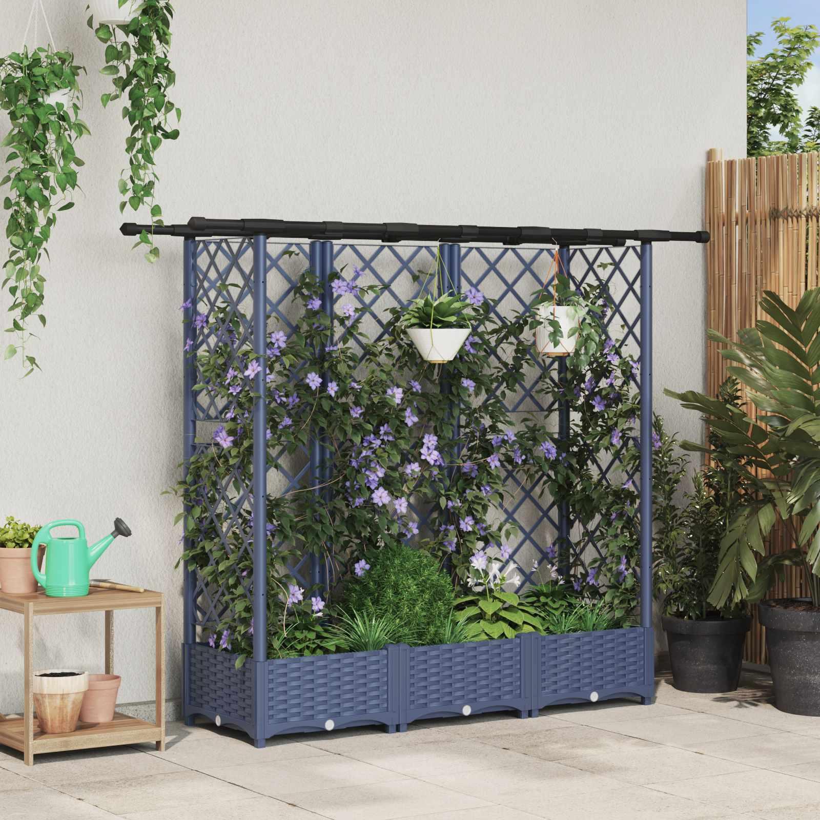 Hævet Bed med Trellis og Tag Grå 164 x 40 x 123 cm PP billede
