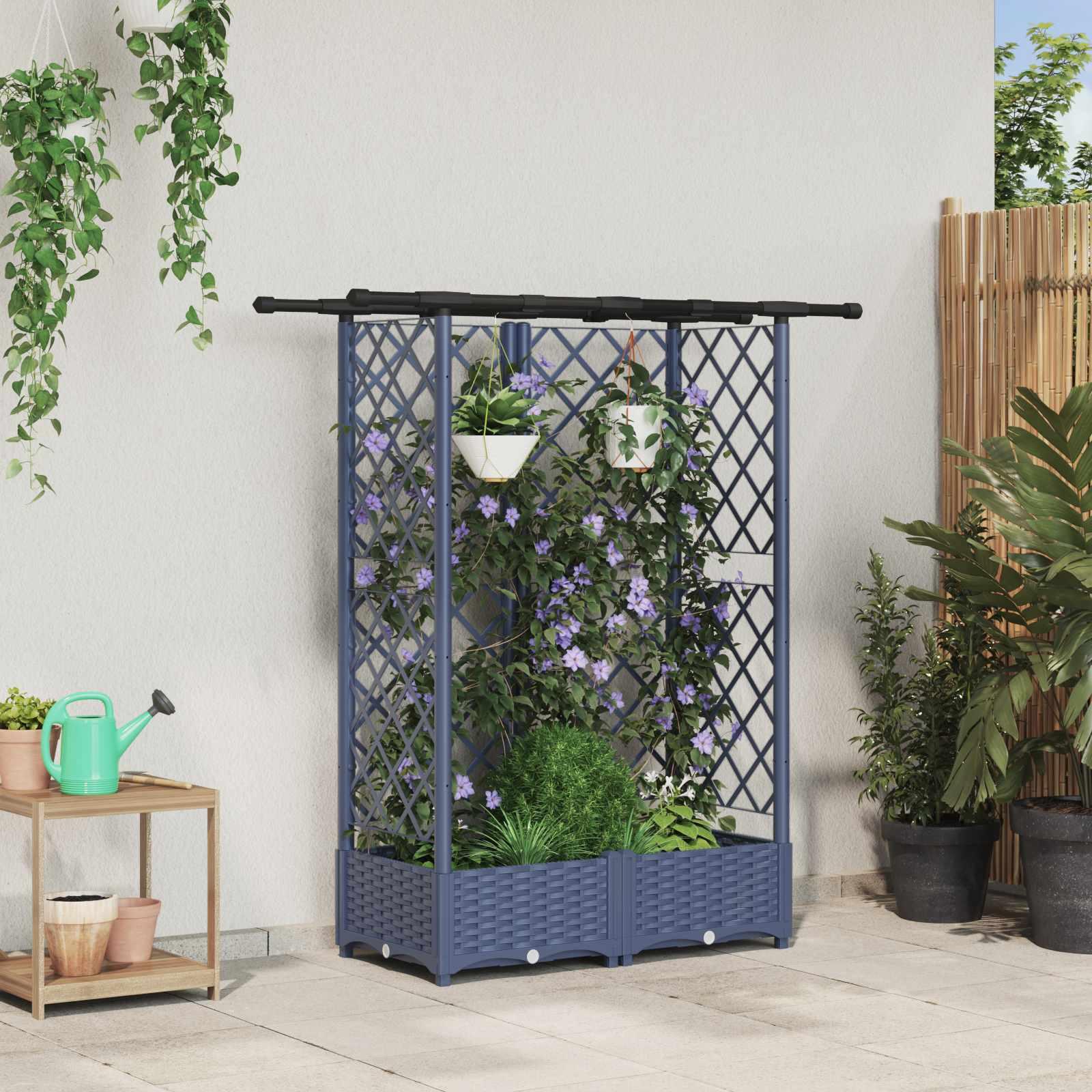 Hævet Bed med Trellis og Tag Grå 124 x 40 x 123 cm PP billede