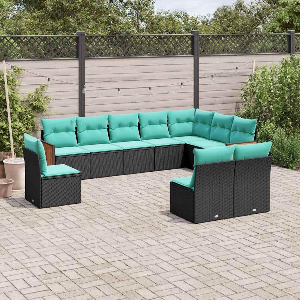 Havesofasæt med 10 hynder sort polyrattan billede