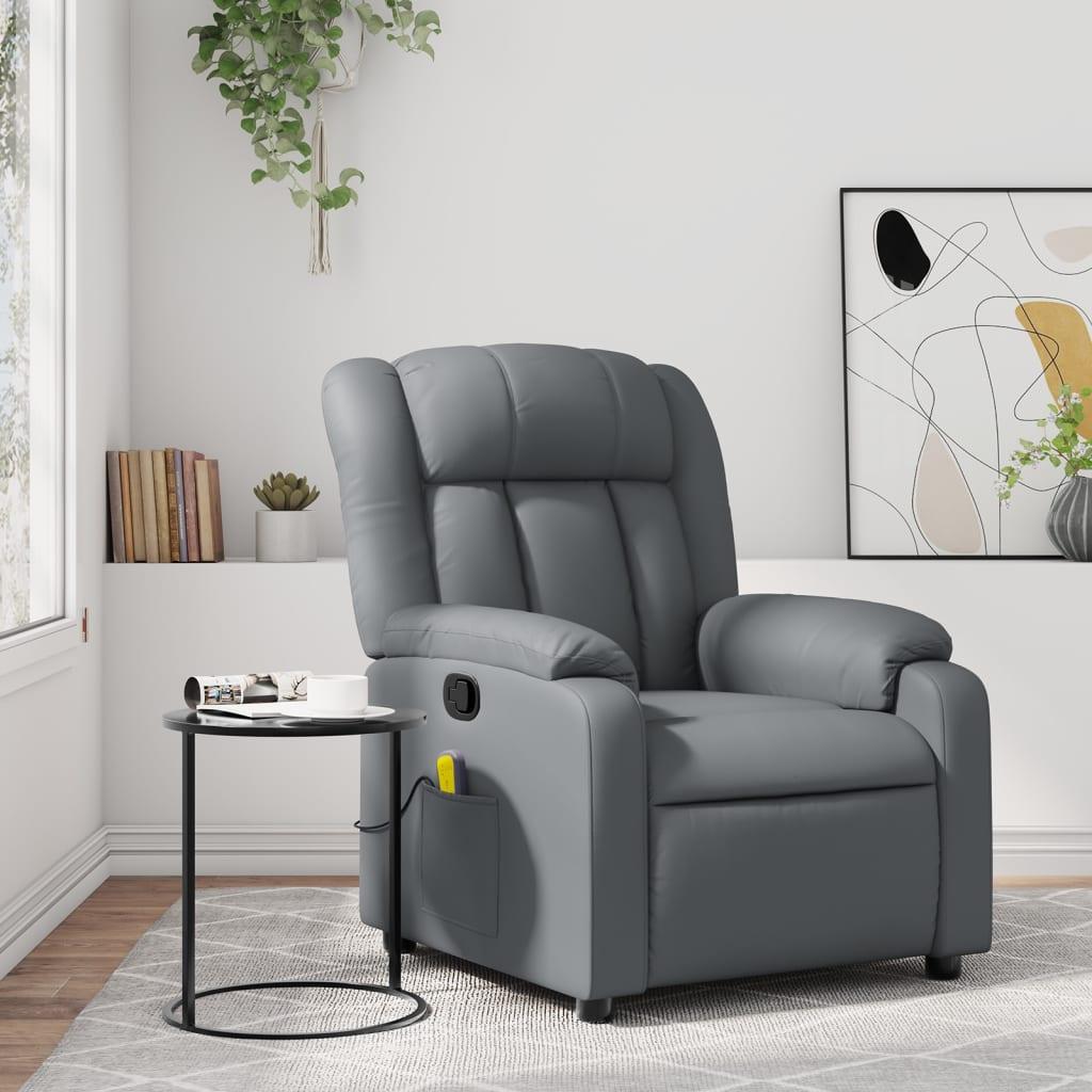 Massagestol i grå kunstlæder - manuel recliner med 6-punkts vibration billede