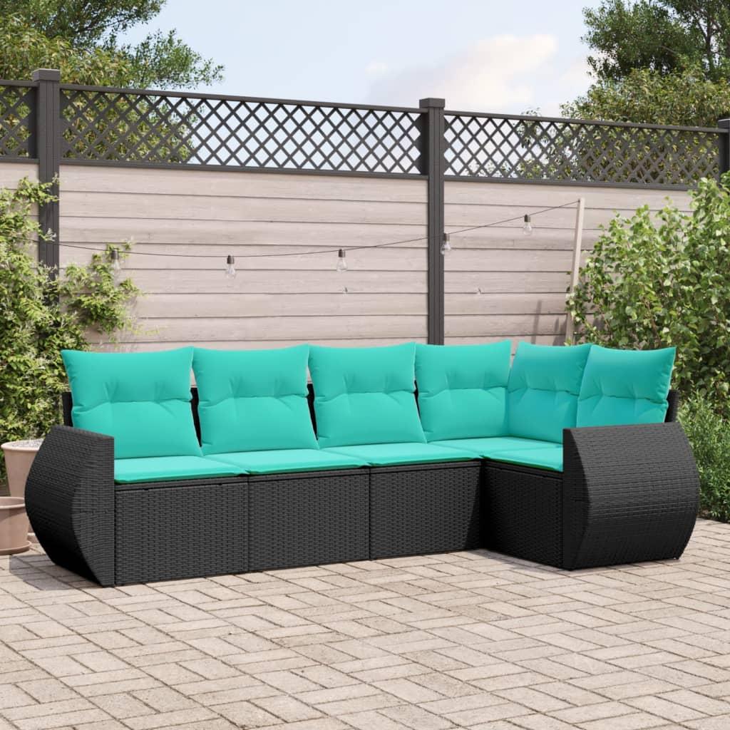 Havesofasæt med 5 dele og hynder sort polyrattan billede