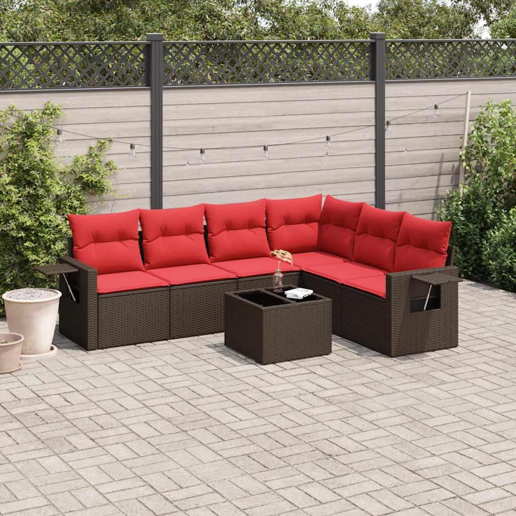 Havesofasæt med 7 hynder brun polyrattan billede