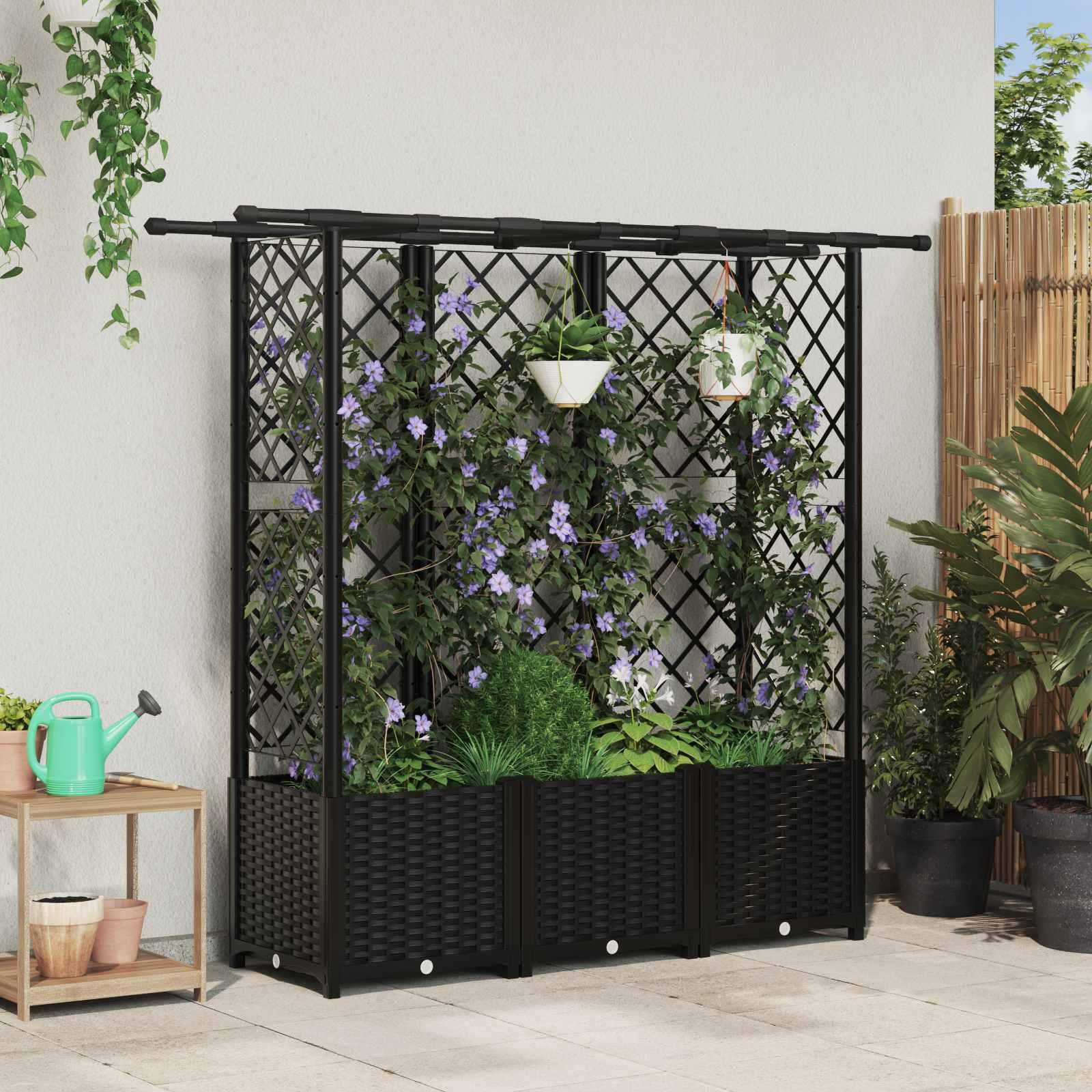Hævet Bed med Trellis og Tag Sort 163,5 x 40 x 138 cm PP billede