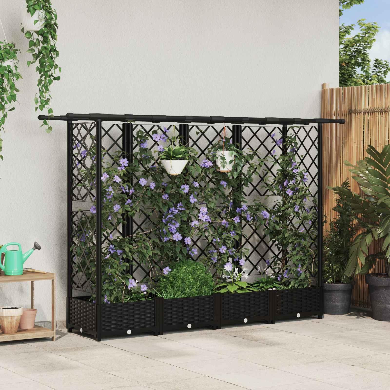 Hævet Bed med Trellis og Tag Sort 202,5 x 40 x 123 cm PP billede