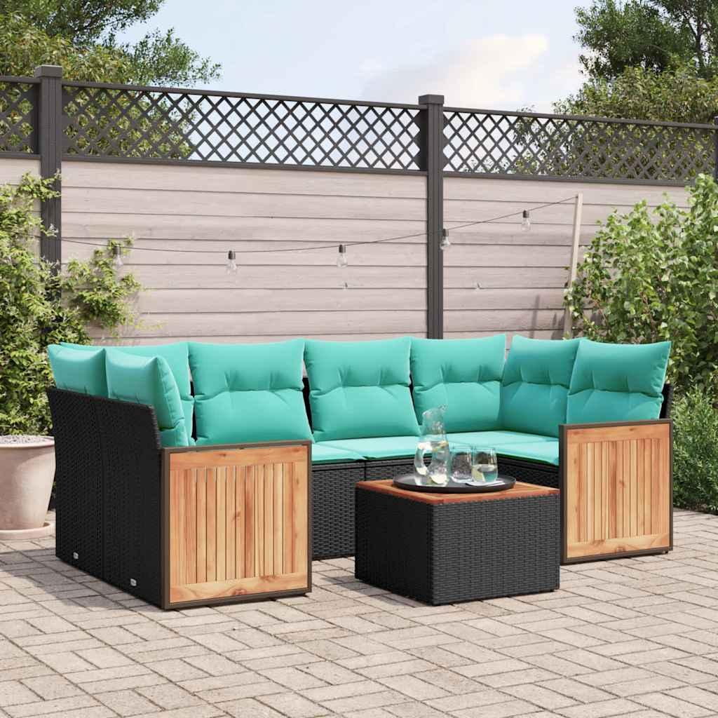 Havesofasæt med 7 hynder sort polyrattan billede