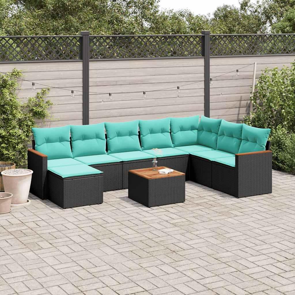 Havesofasæt med 9 dele og hynder sort polyrattan billede
