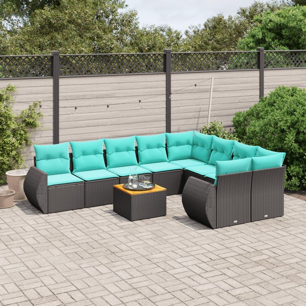 Havesofasæt i sort polyrattan med 10 blå hynder - modulært loungesæt