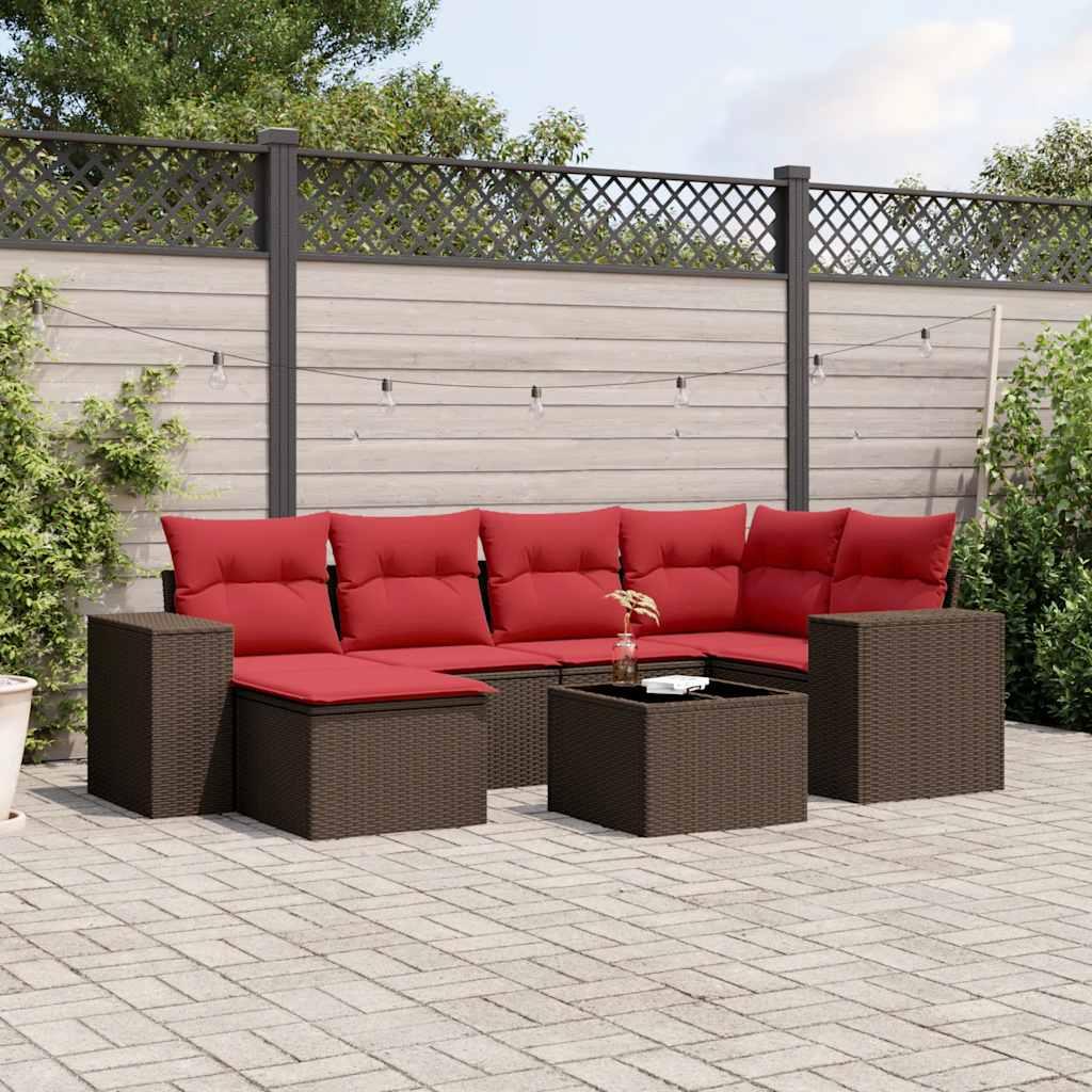 Havesofasæt med 7 hynder brun polyrattan billede