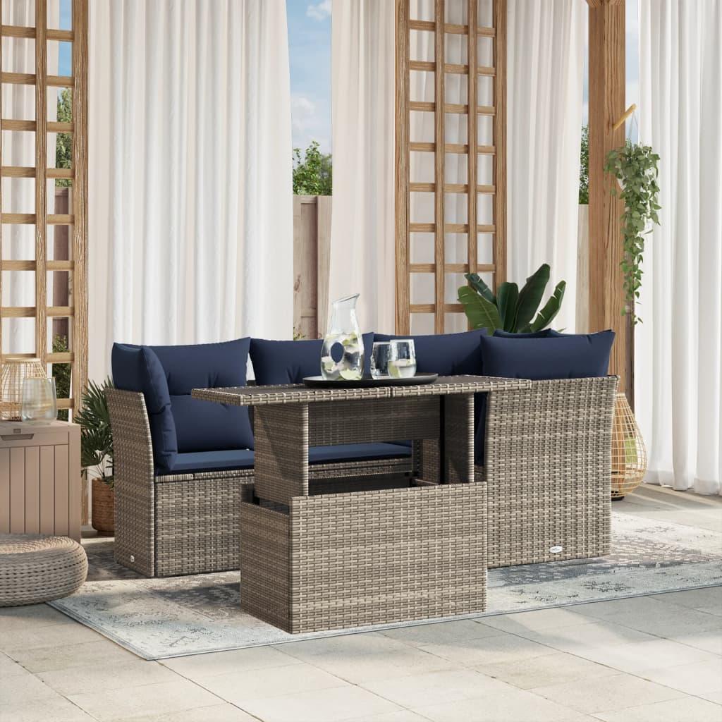 Havesofasæt med 5 dele i grå polyrattan med marineblå hynder billede