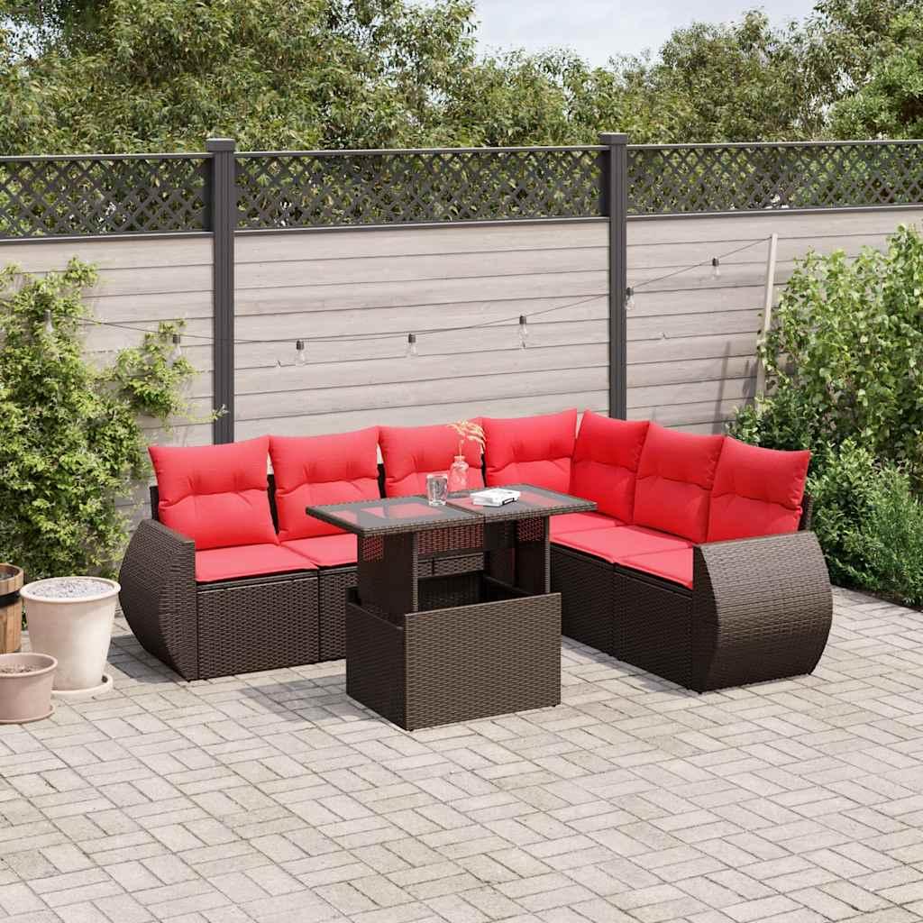 Havesofasæt med 7 hynder brun polyrattan billede