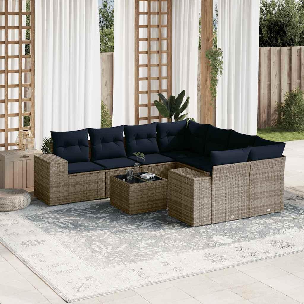 Havesofasæt i grå polyrattan - 9 dele med marineblå hynder