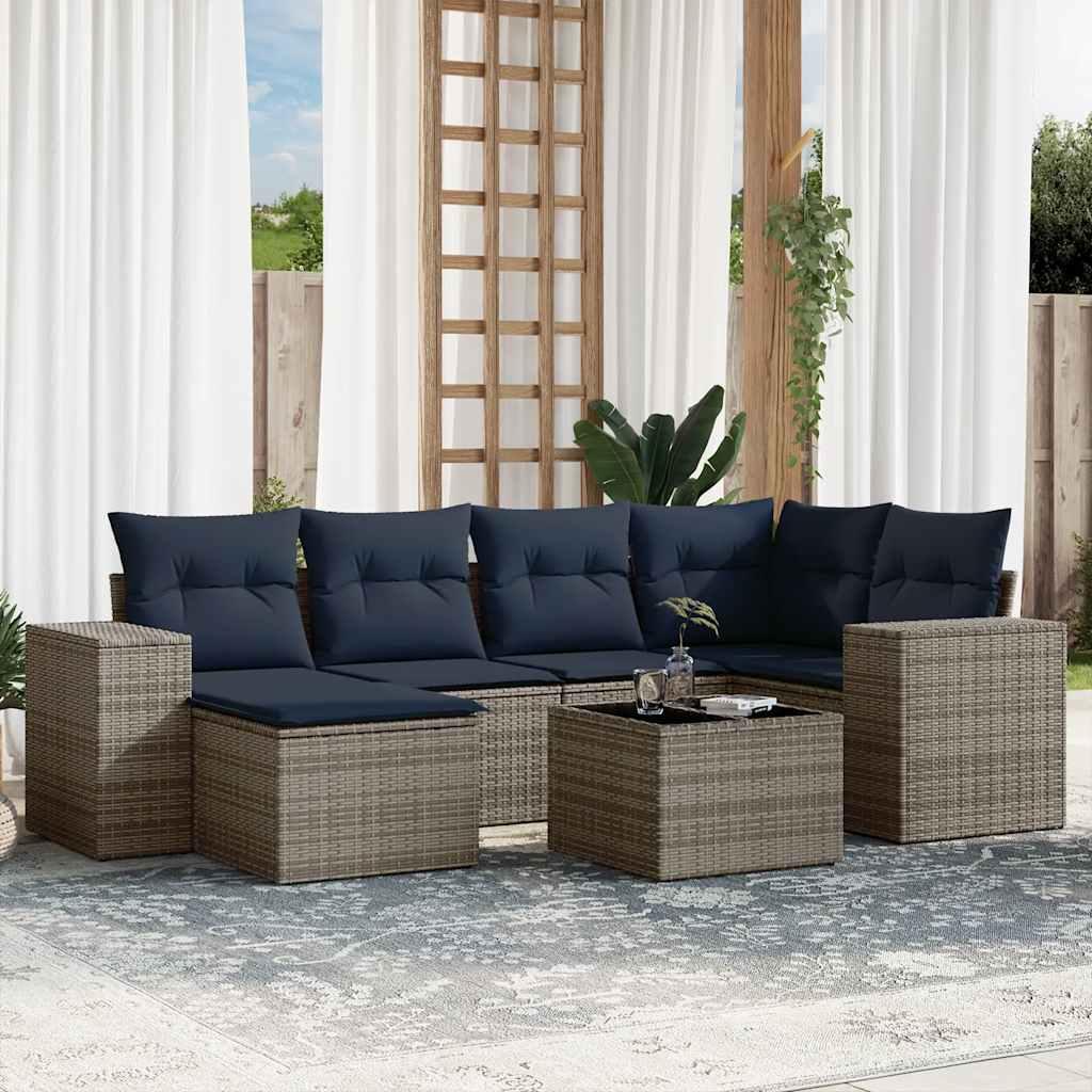 Havesofasæt i grå polyrattan - 7 dele med marineblå hynder