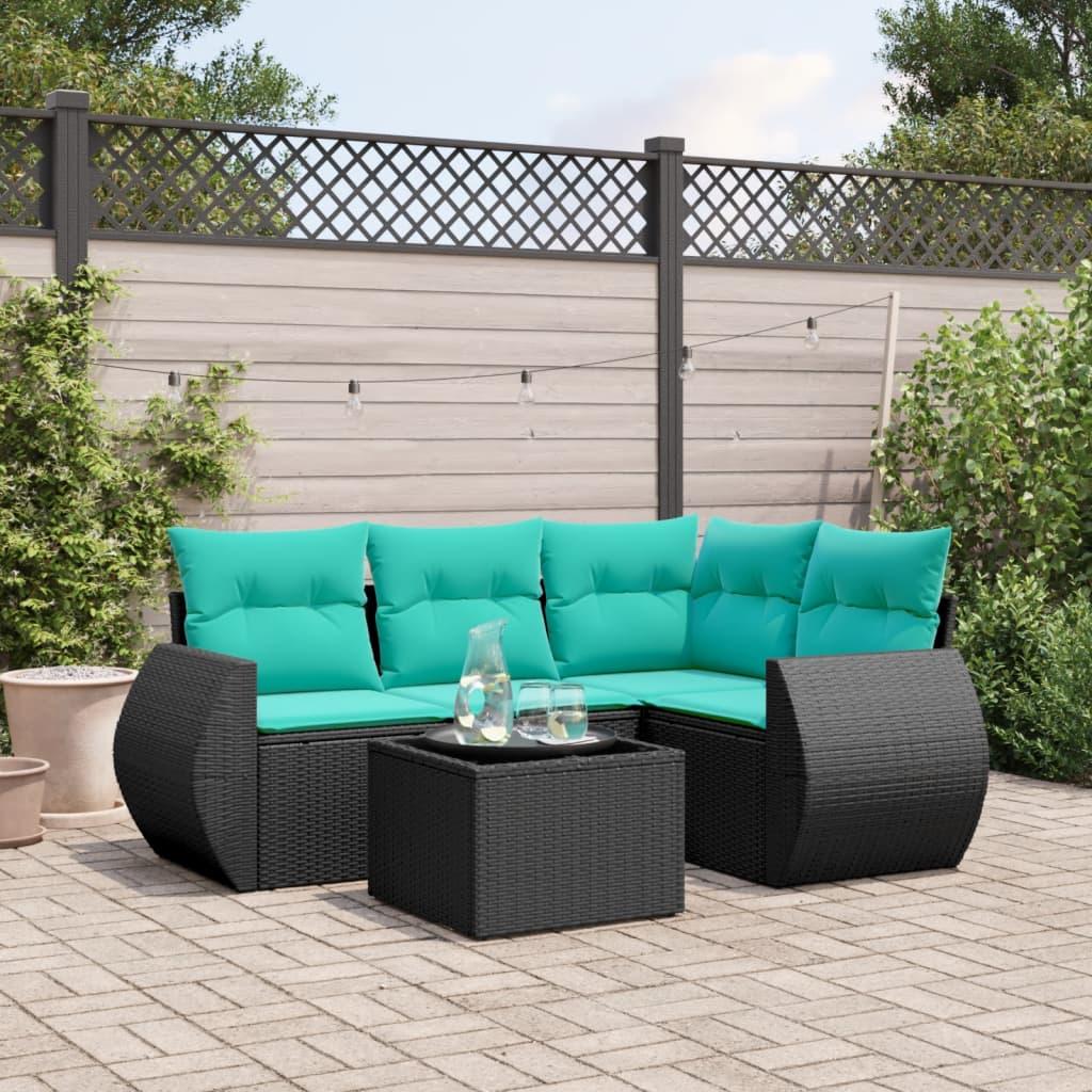 Havesofasæt med 5 dele og hynder sort polyrattan billede