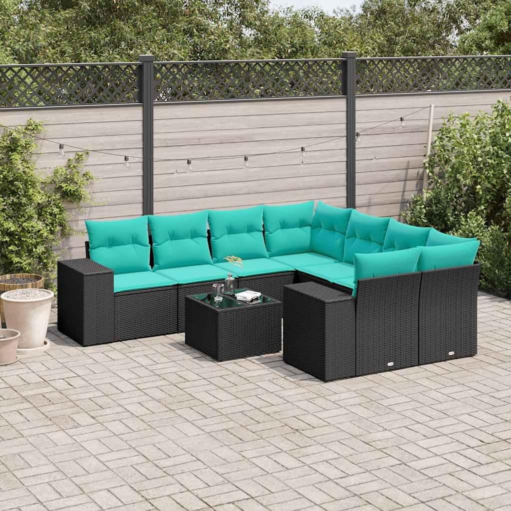Havesofasæt i sort polyrattan med 9 dele og blå hynder