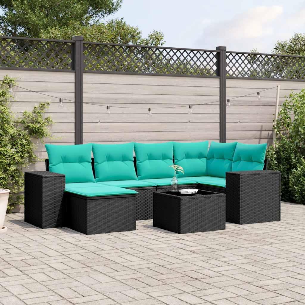Havesofasæt i sort polyrattan med 7 blå hynder - modulært loungesæt