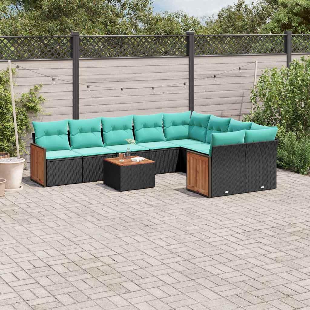 Havesofasæt med 10 hynder sort polyrattan billede