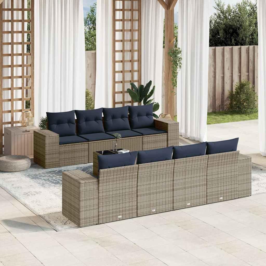 Havesofasæt i grå polyrattan - 9 dele med marineblå hynder