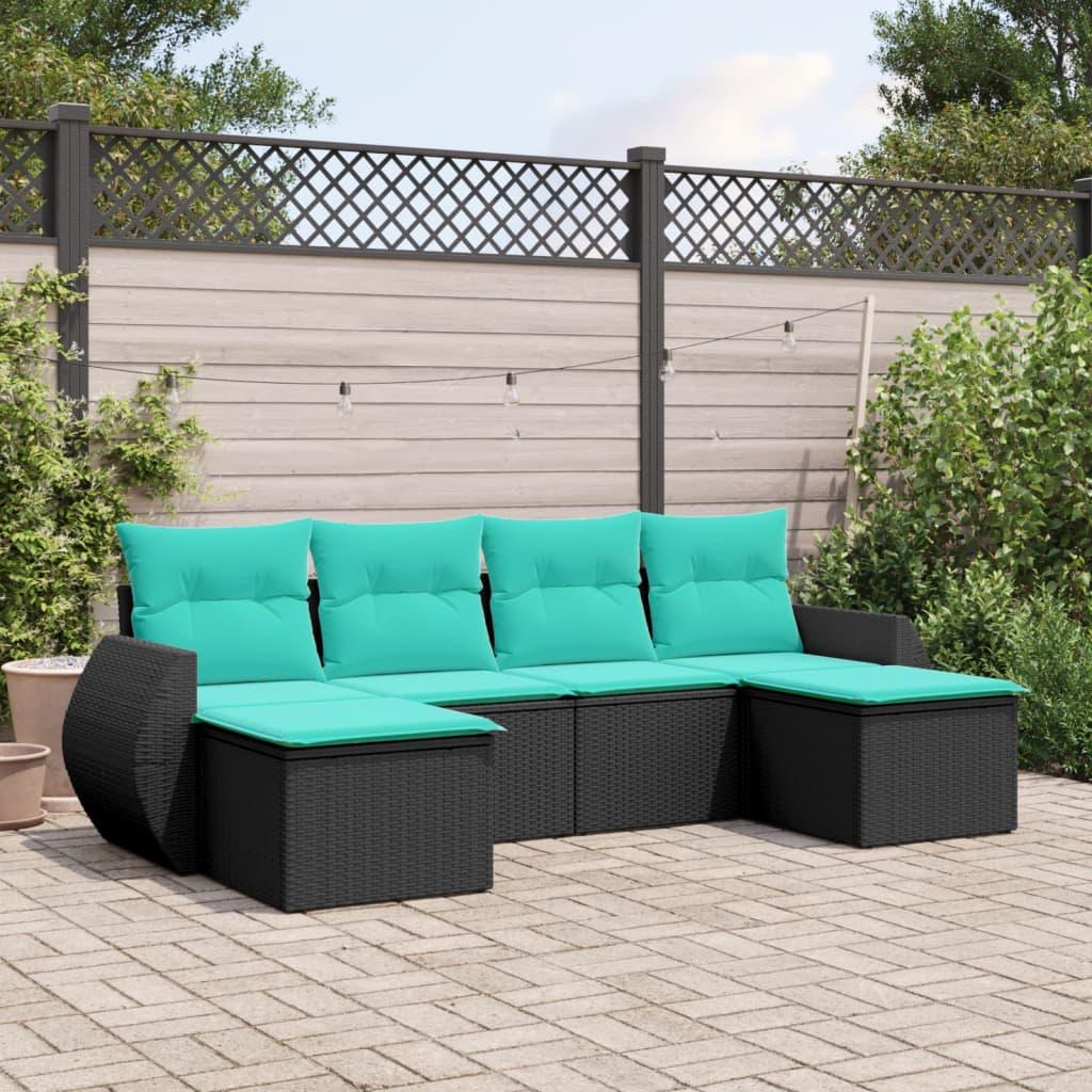 Havesofasæt i sort polyrattan med 6 blå hynder - modulært loungesæt