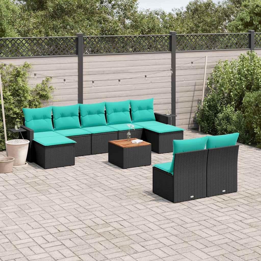 Havesofasæt i sort polyrattan med 10 blå hynder - modulært loungesæt