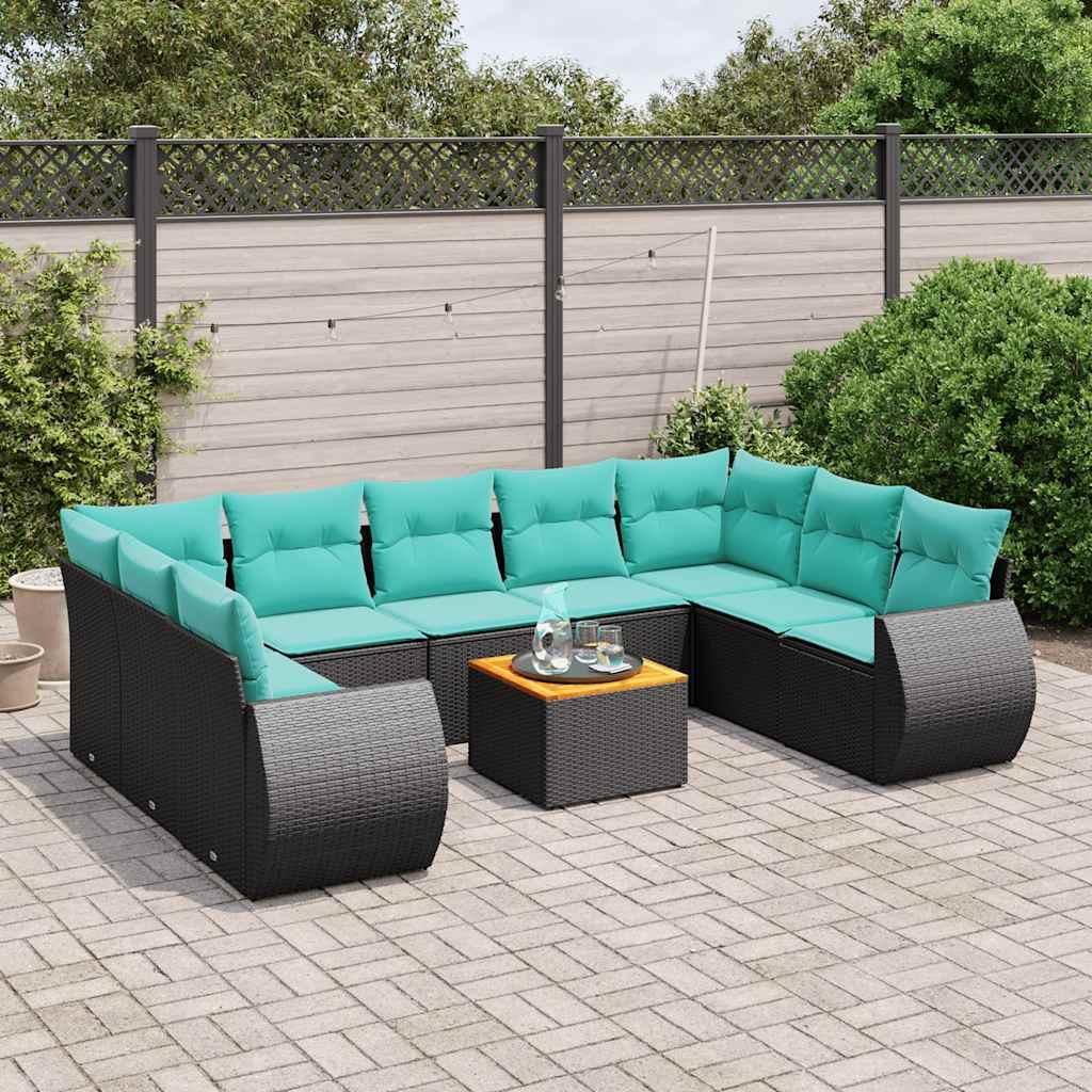 Havesofasæt i sort polyrattan med 10 blå hynder - modulært loungesæt med bord