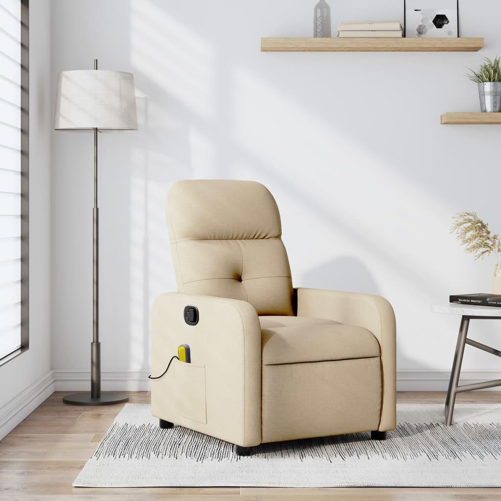 Massagelænestol i cremefarvet stof - manuel recliner med 6-punkts vibrationsmassage billede