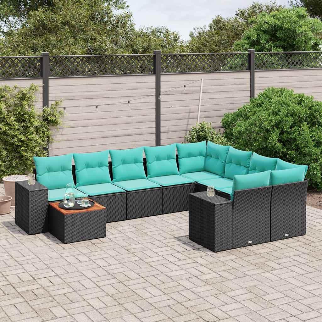 Havesofasæt i sort polyrattan med 10 blå hynder - modulært loungesæt